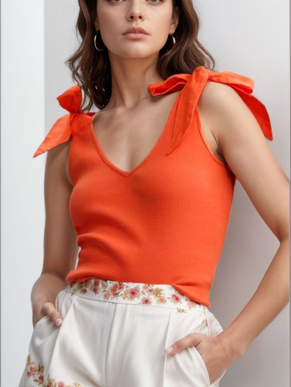 Women’s Orange Tie-Shoulder V-Neck Tank Top
